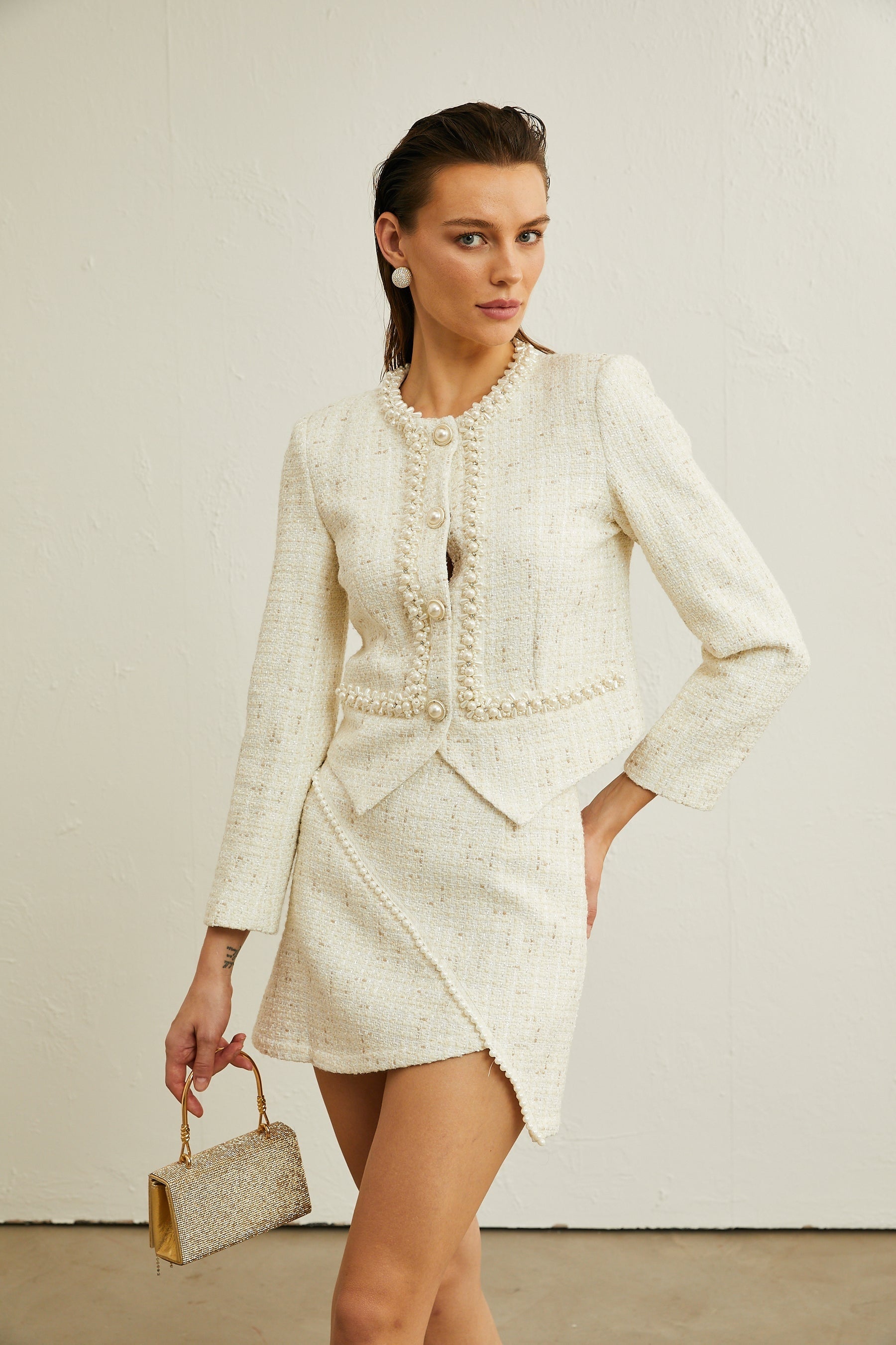 Manon fauxpearl asymmetric jacket  skirt matching set