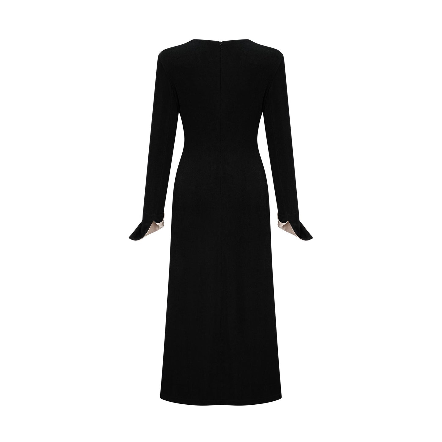 A long maxi dress with a vneck and contrasting colors featuring a bow detail at the neckline