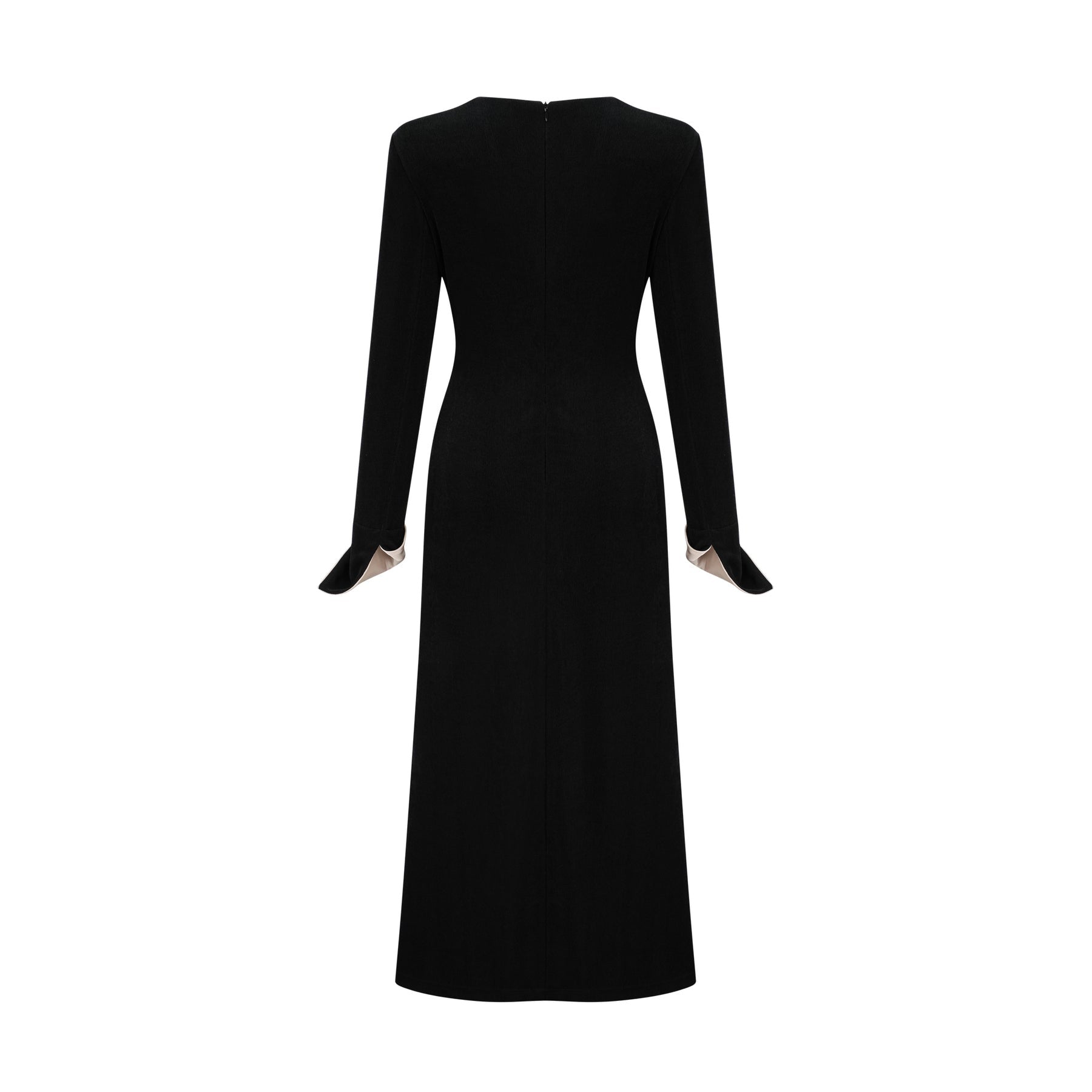 A long maxi dress with a vneck and contrasting colors featuring a bow detail at the neckline