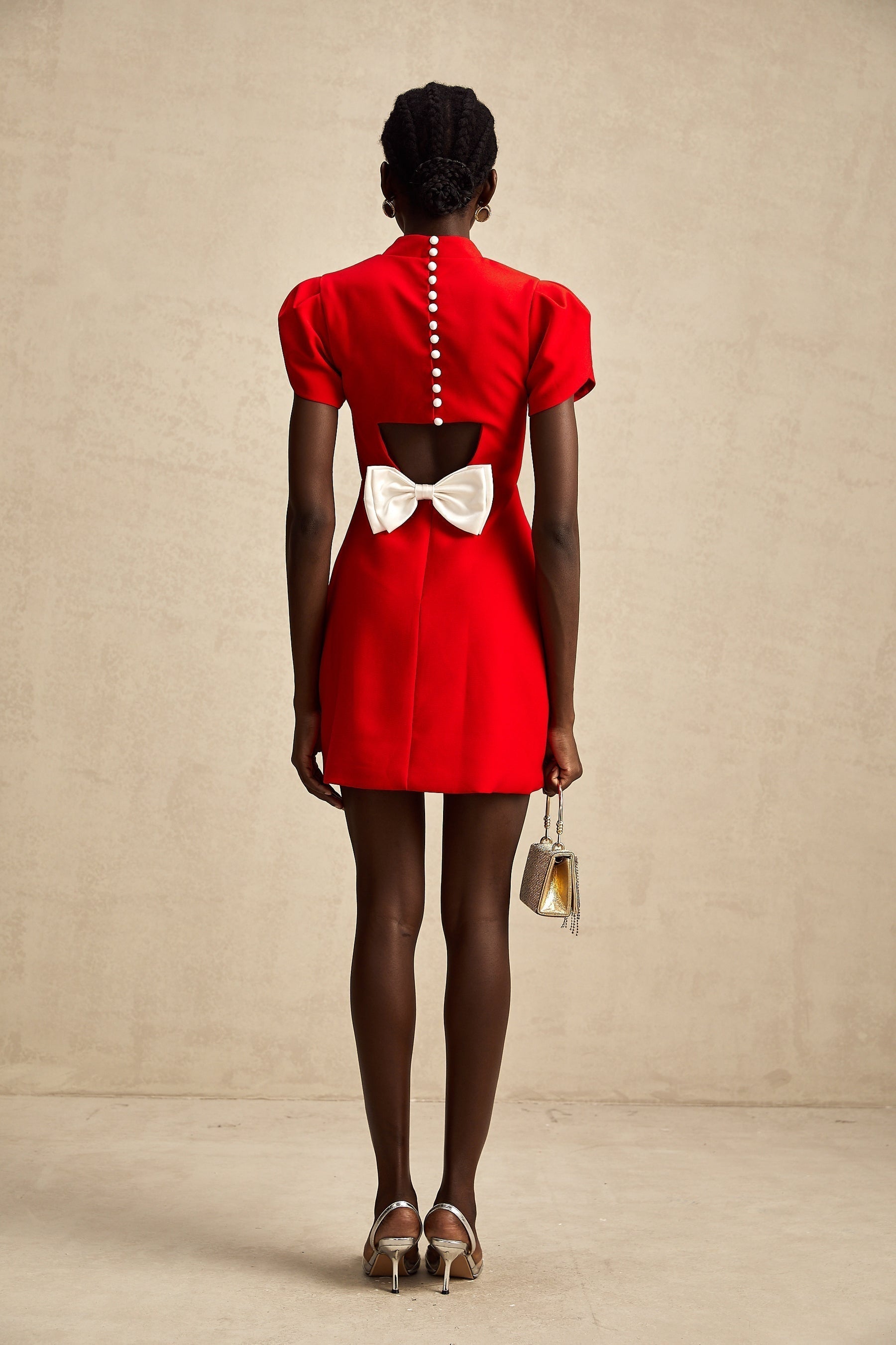 Anna red petalsleeve cutout bow mini dress