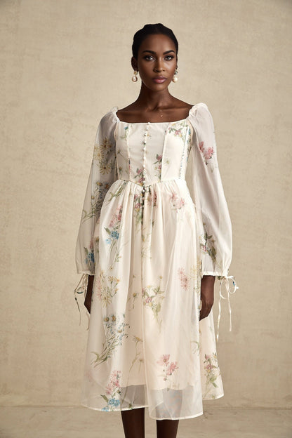 A floral print midi dress with a square neckline named Anne