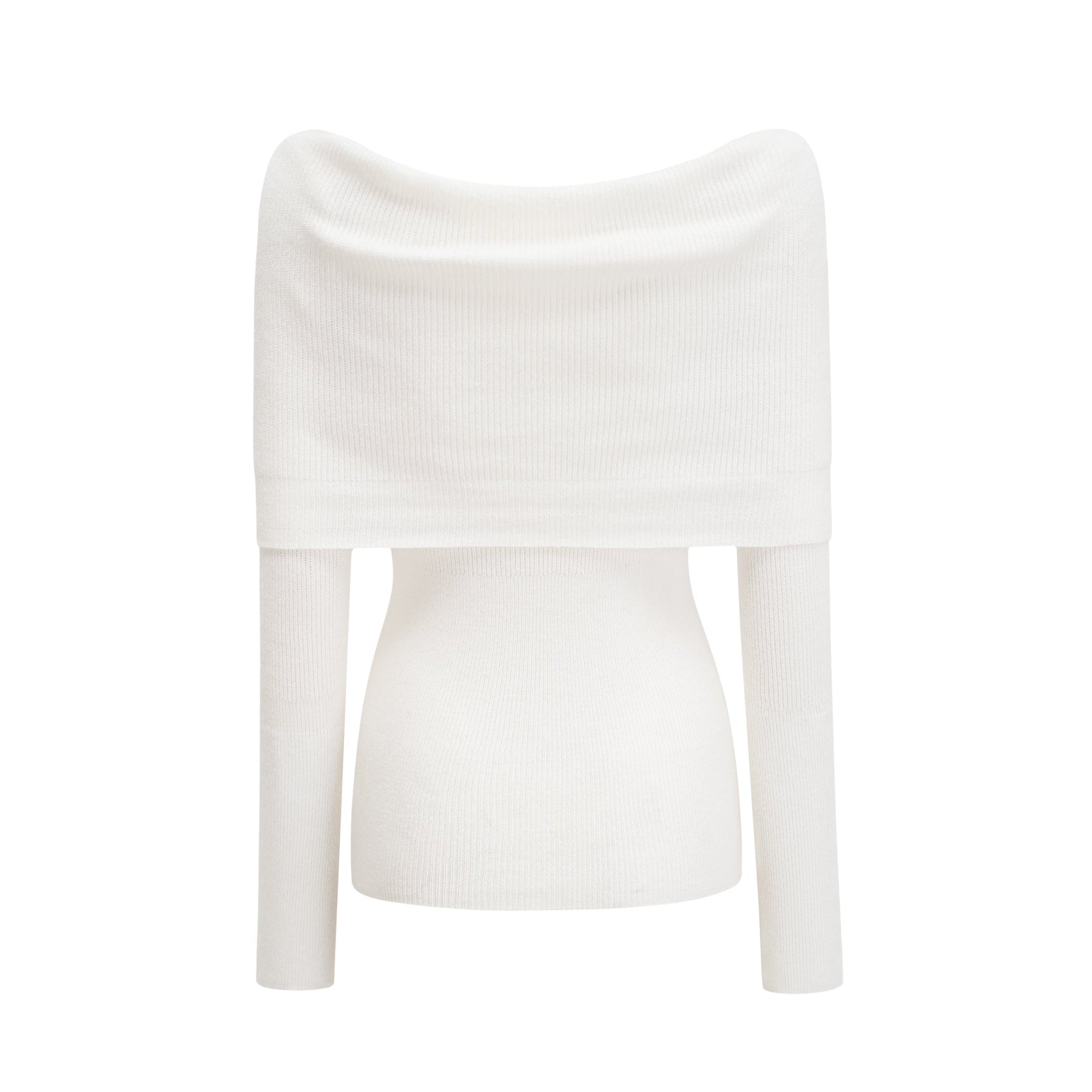 A woman wearing a knitted strapless long sleeve top in a light color standing against a plain background