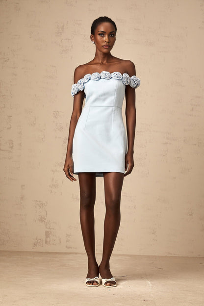A blue mini dress with floral applique details named Hedwige