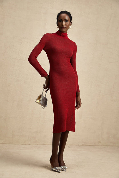 Red metallic midi dress with pointelle knit pattern featuring Arianee design