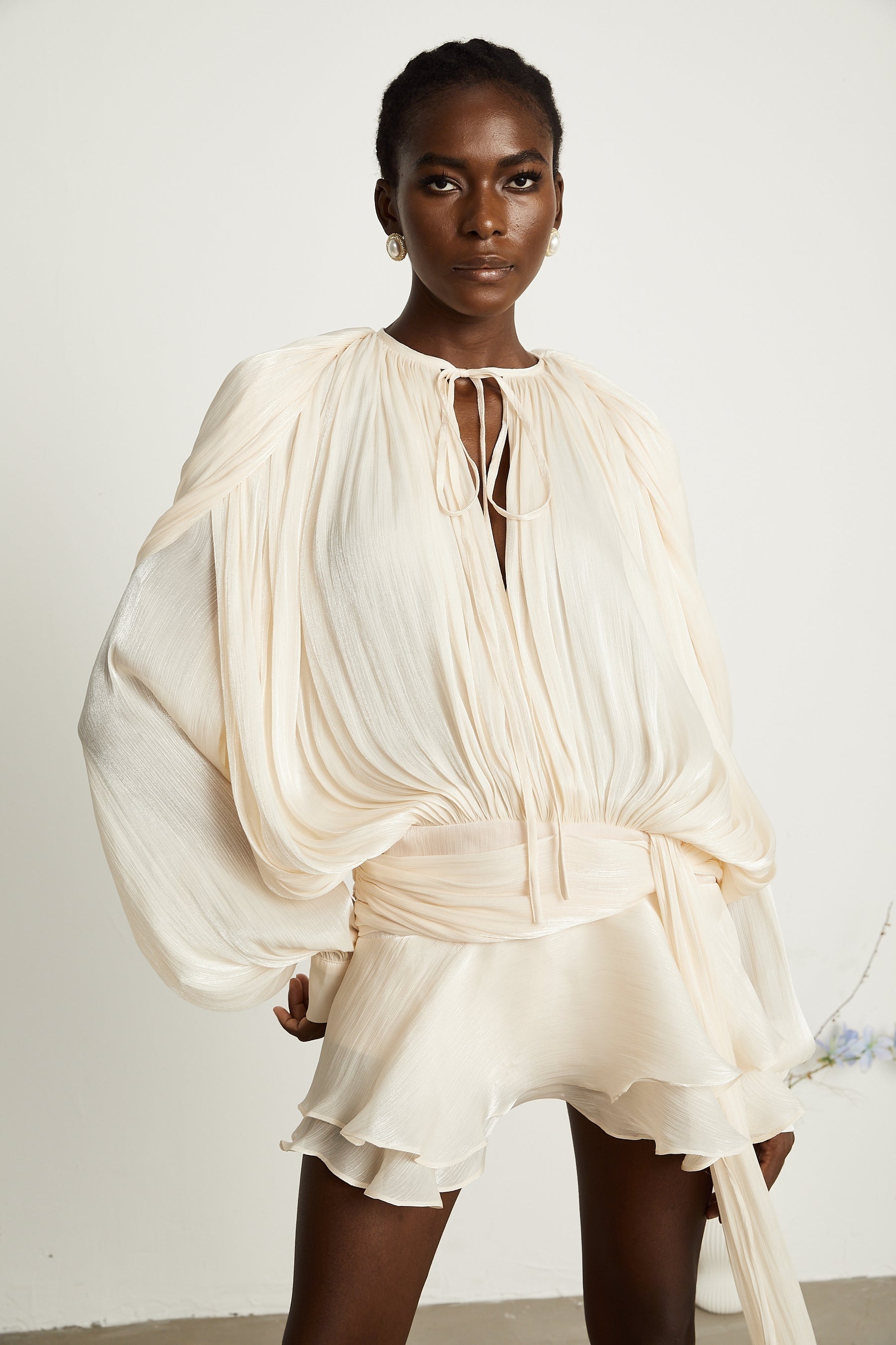Eugénie fullypleated ruffled mini dress in Neutrals