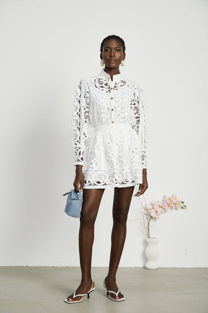 Marie lacefloral embellished shirt  skirt matching set