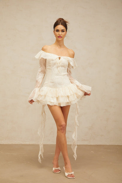 White off shoulder mini dress with embroidery details named Desiree