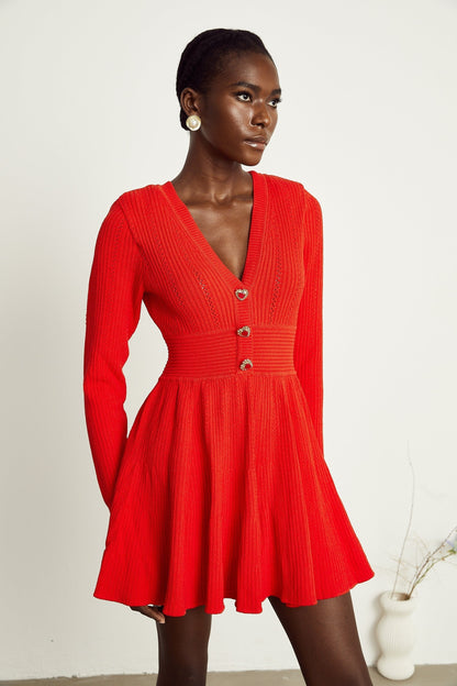 Coralie red Vneck flared mini dress