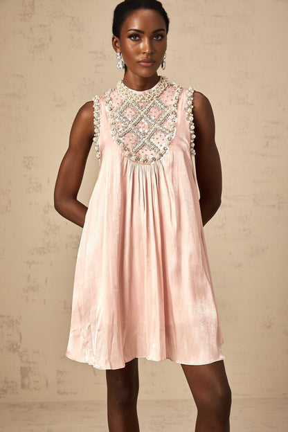 Pink pleated mini dress with embellishments named Helena
