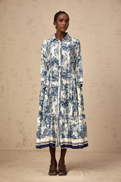 Blue midi dress with graphic print pattern featuring Adélaïde design