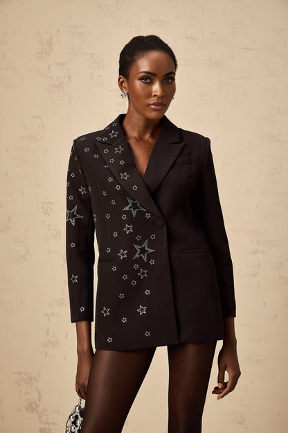 Black blazer with star applique details on front named Patricia