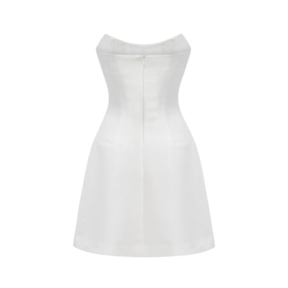 White lace embellished mini dress with short sleeves and floral details named Melisande