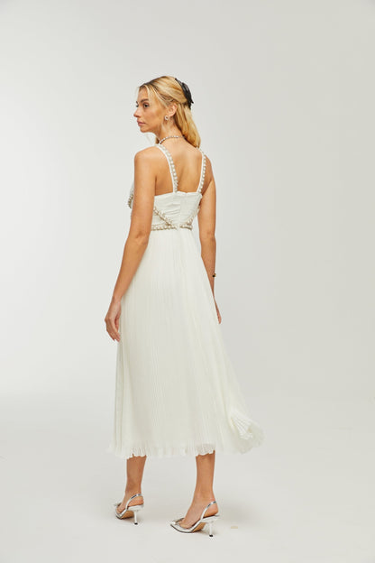 Hermine Vneck fauxpearl embellished midi dress