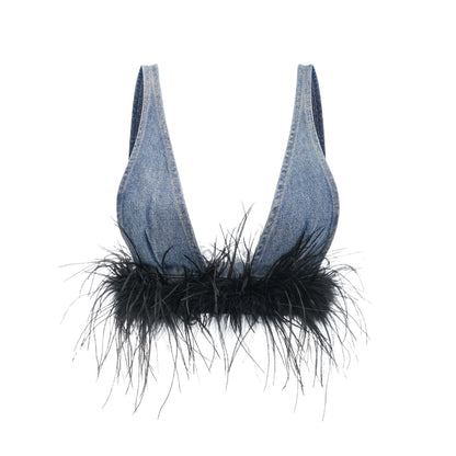 Milia feather denim top  skirt matching set