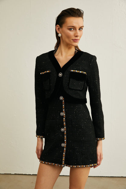 Cécile black tweed cardigan  dress matching set