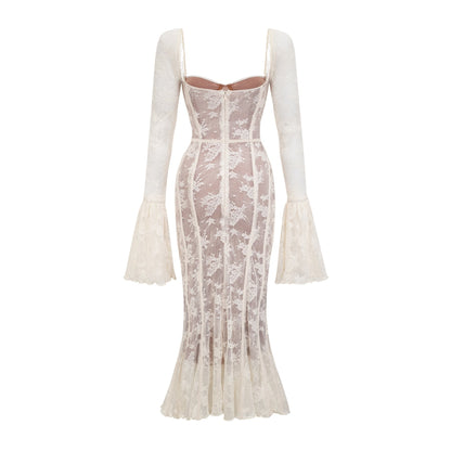 Marlene flared lace maxi dress in White