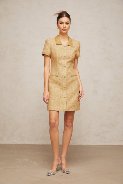 Woman wearing short gold dress with sequins and tweed texture