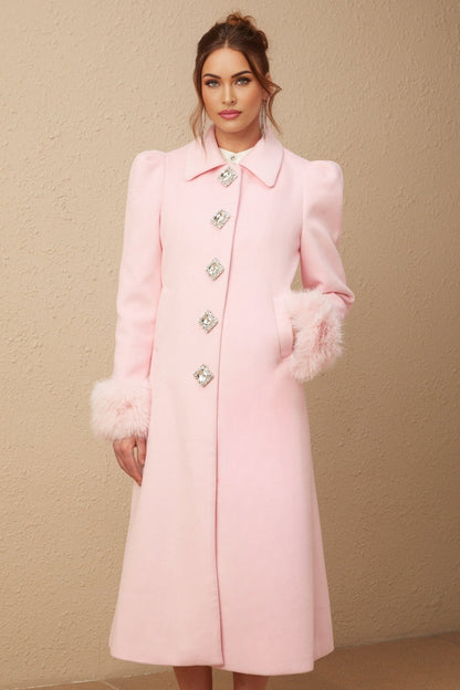 A pink faux fur overcoat with a feminine design named Louisette