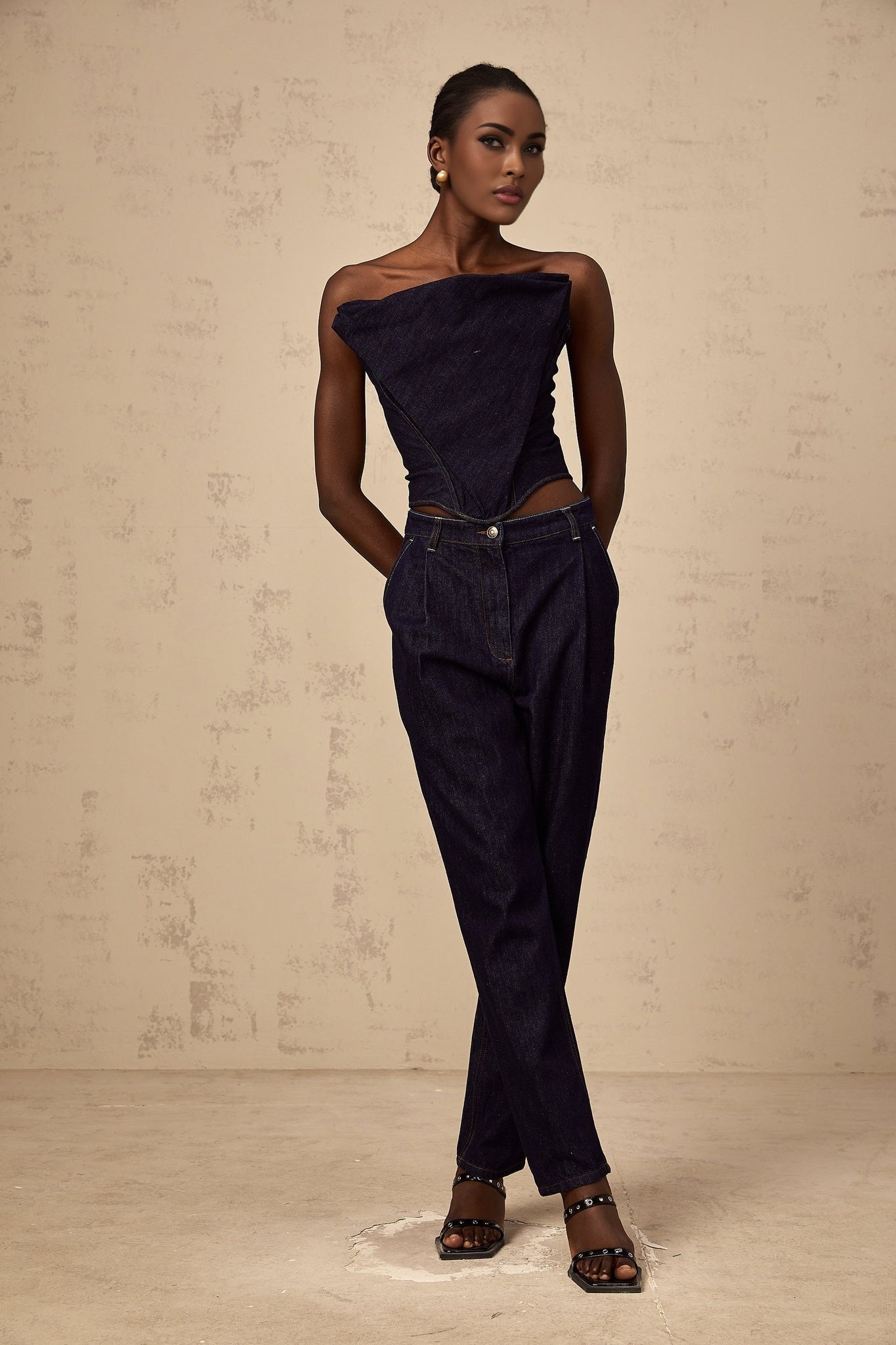 Dark blue off shoulder denim top with Kleber branding
