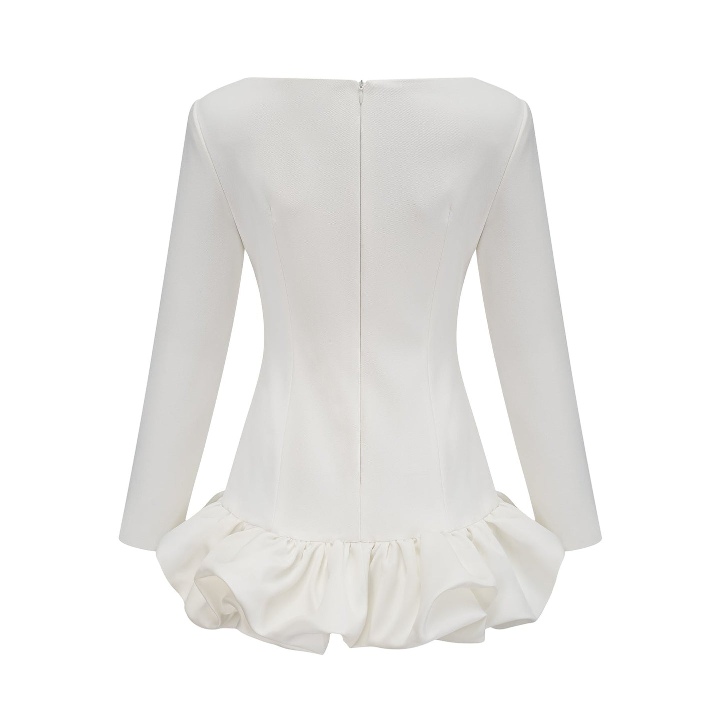 A white mini dress with a bubble skirt featuring a fitted bodice and short puffed sleeves