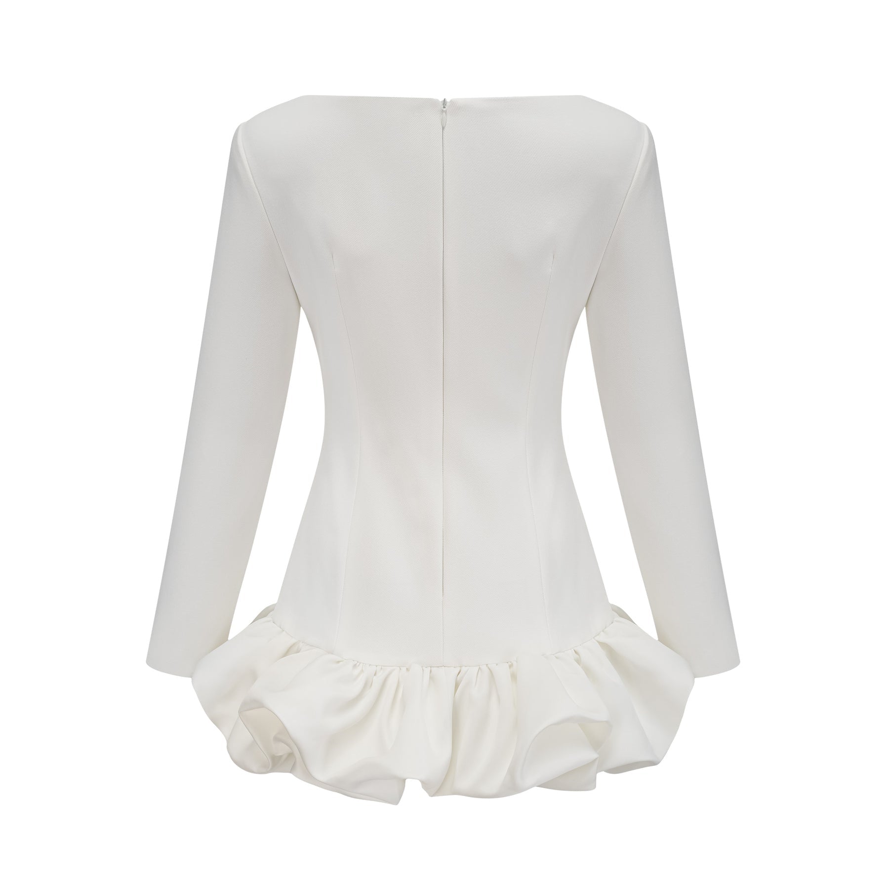 A white mini dress with a bubble skirt featuring a fitted bodice and short puffed sleeves