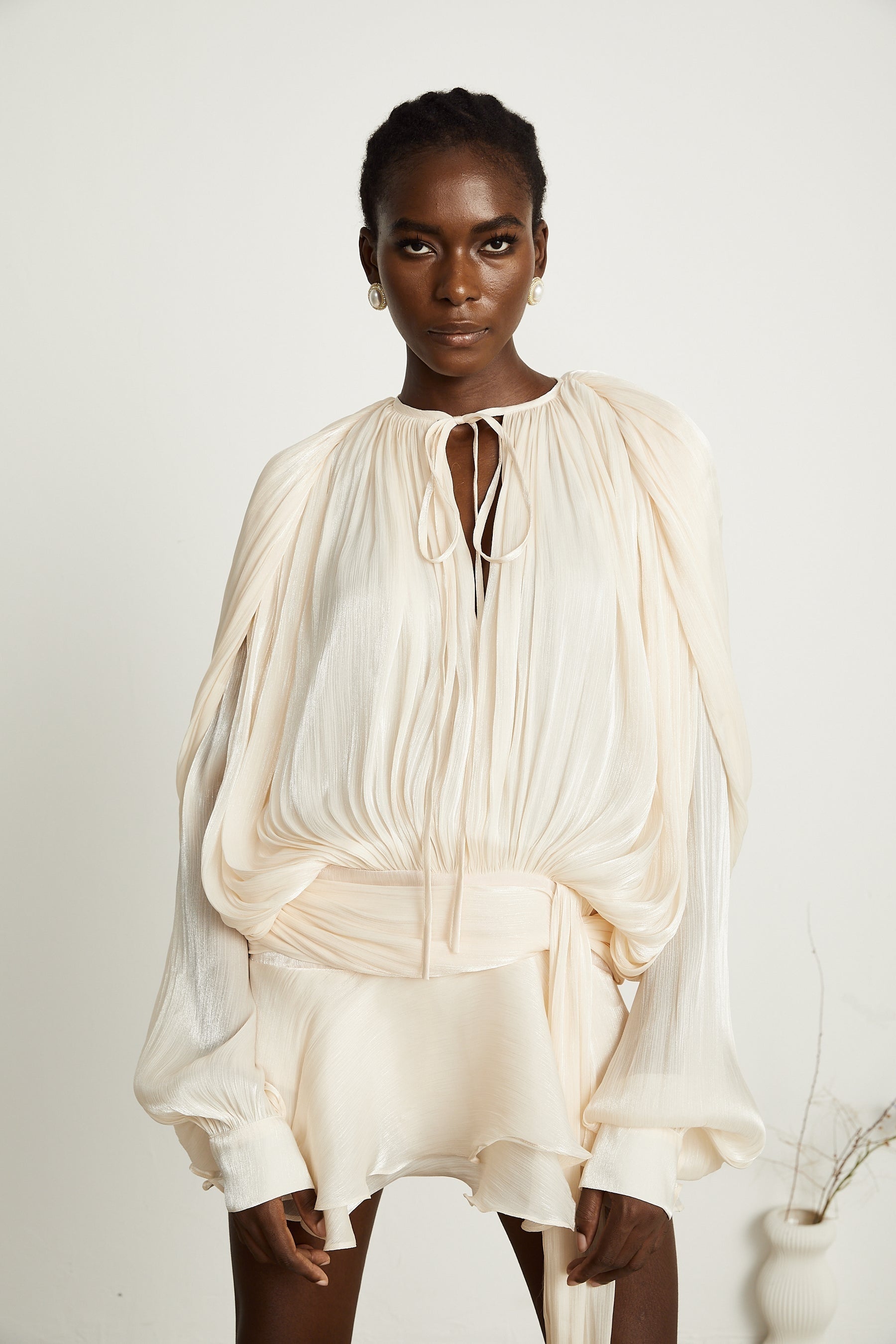 Eugénie fullypleated ruffled mini dress in Neutrals