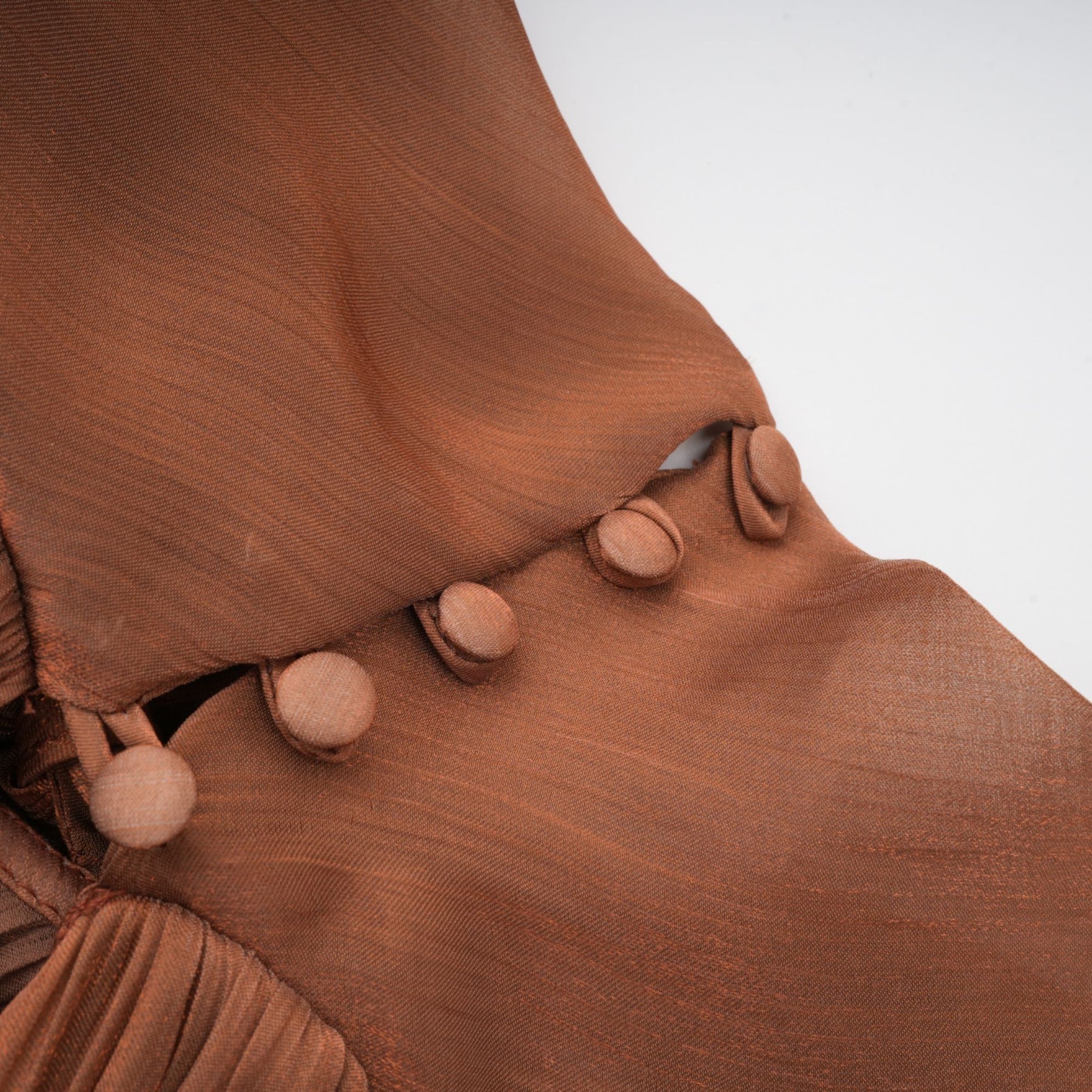 Mila brown satin maxi dress with pleated design full length view