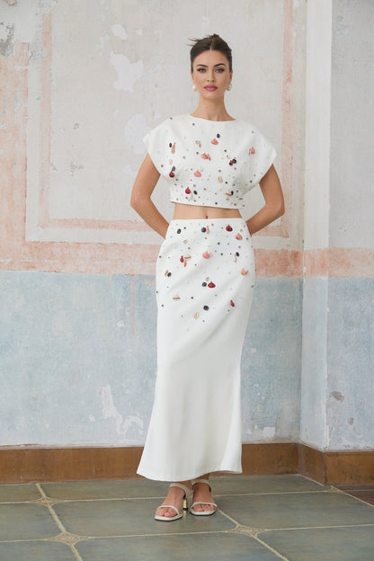 White top and skirt set with shell embellishments named Delphine matching outfit beach inspired summer wear