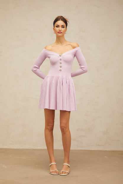 A light purple mini dress with an offshoulder neckline and ribbed knit texture
