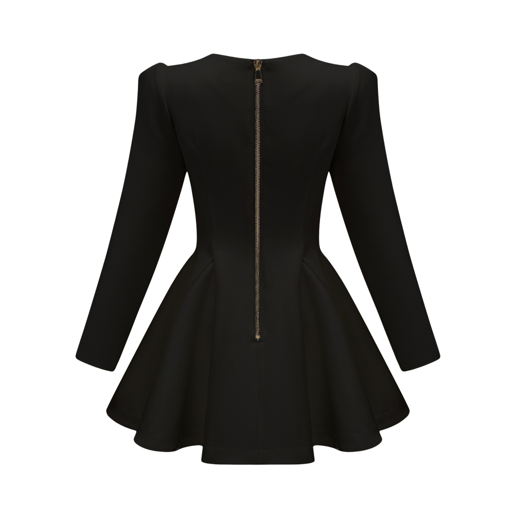 Woman wearing black blazer dress with pleated peplum hem