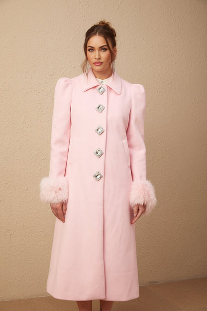 A pink faux fur overcoat with a stylish and fluffy appearance named Louisette