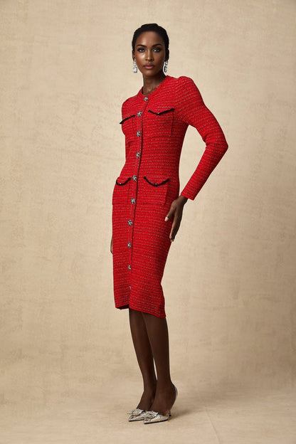 A red knit midi dress with embellishments named Faustine featuring a fitted silhouette and decorative details
