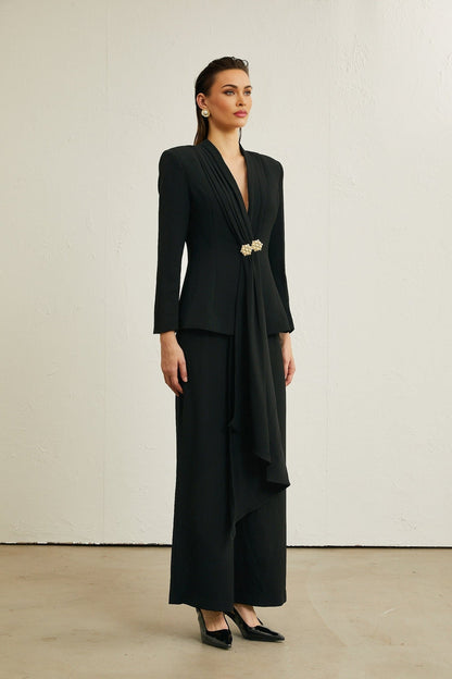 Suzanne black pleated jacket  trousers matching set
