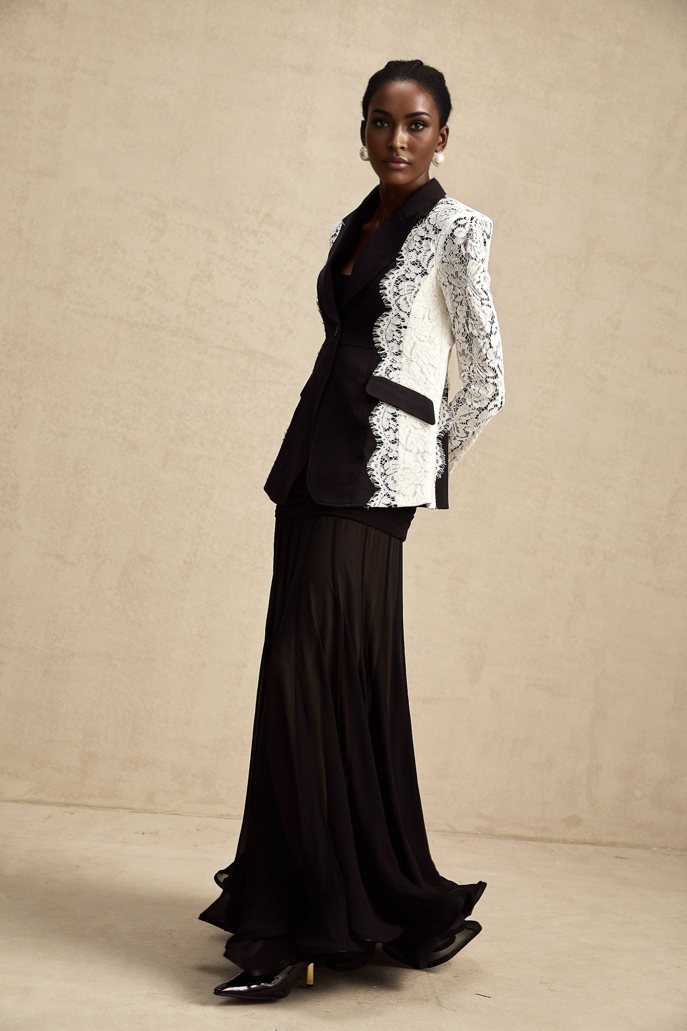 Womens blazer with color block design and lace trim in contrasting colors