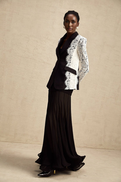 Womens blazer with color block design and lace trim in contrasting colors