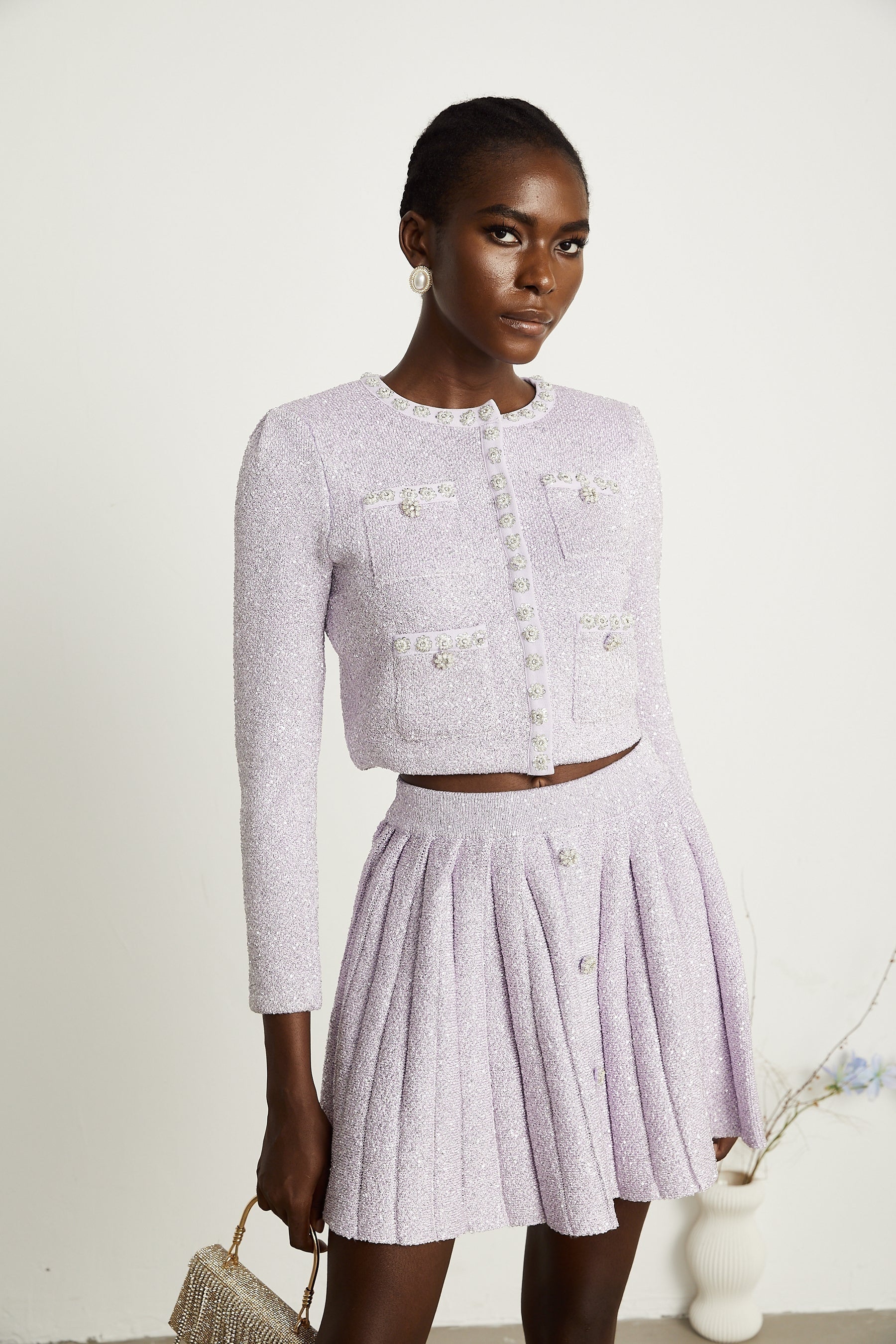 Fabienne purple sequindetail jacket  skirt matching set