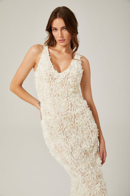 Sylvie fauxflower Vneck maxi dress in Neutrals