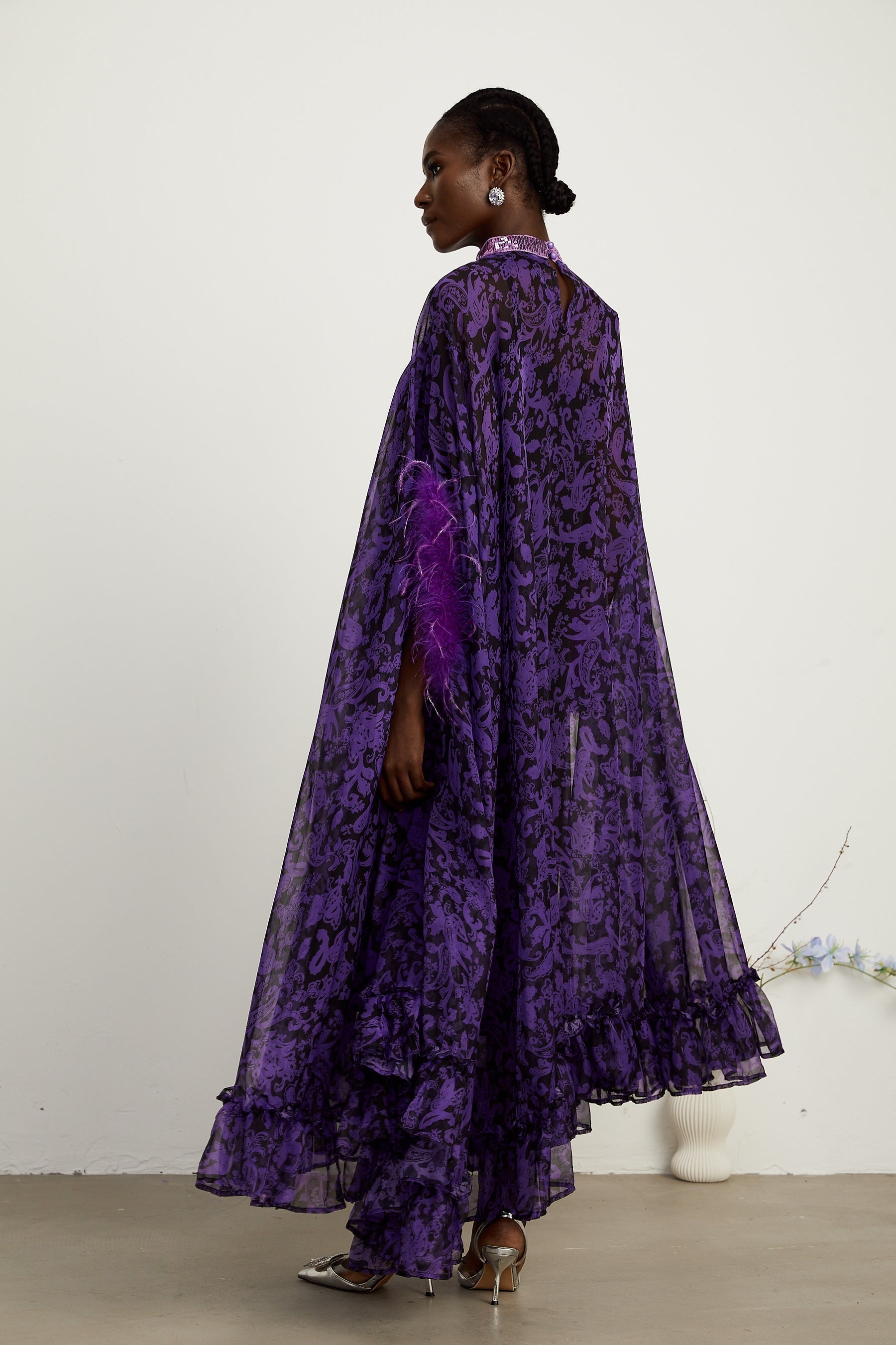 Lisette feathertrim batwingsleeve maxi dress
