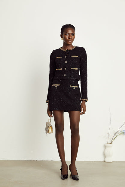 Ariane black sequined tweed jacket  skirt matching set