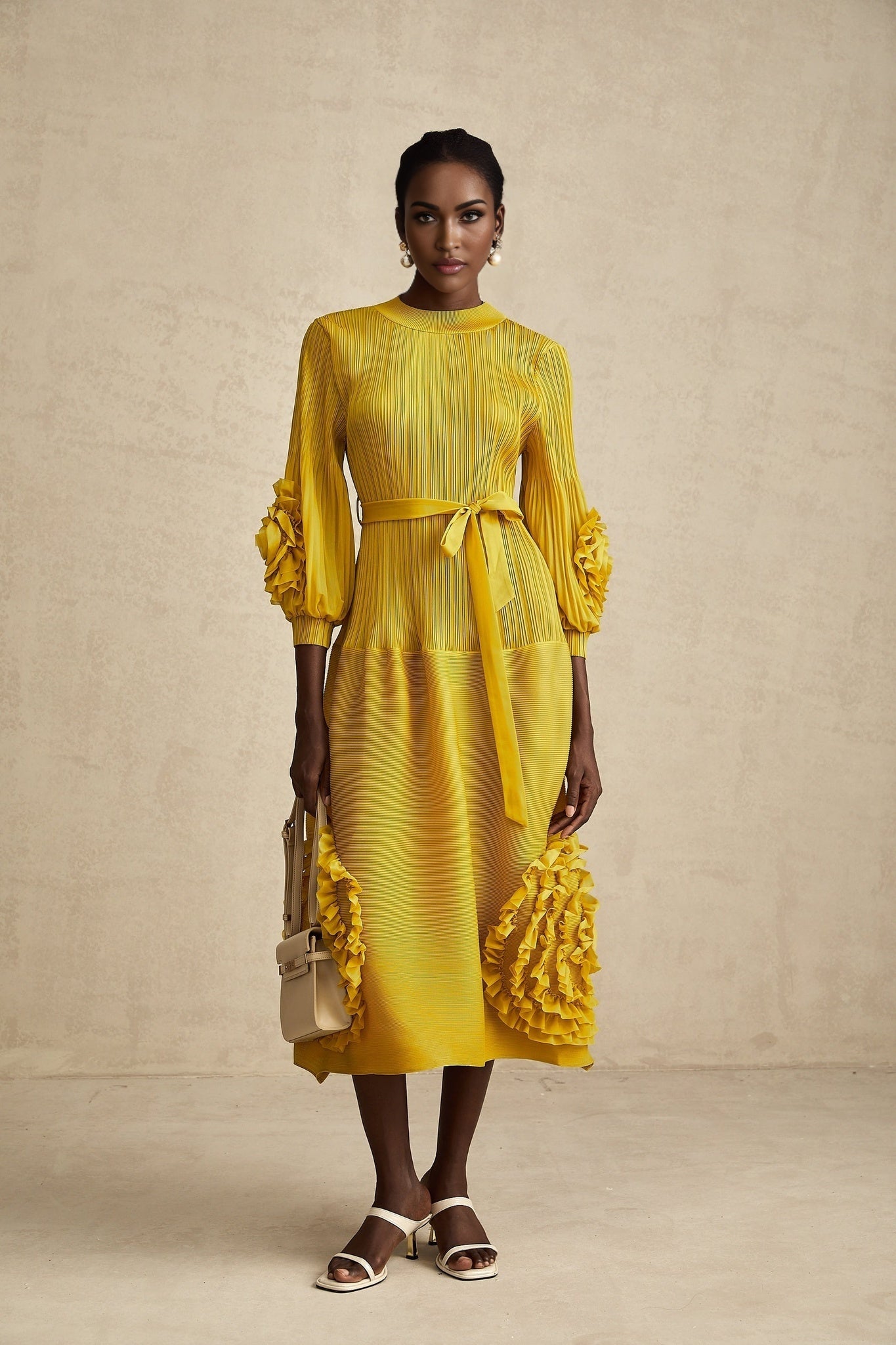 Aïda yellow 3dpetal ruffled midi dress