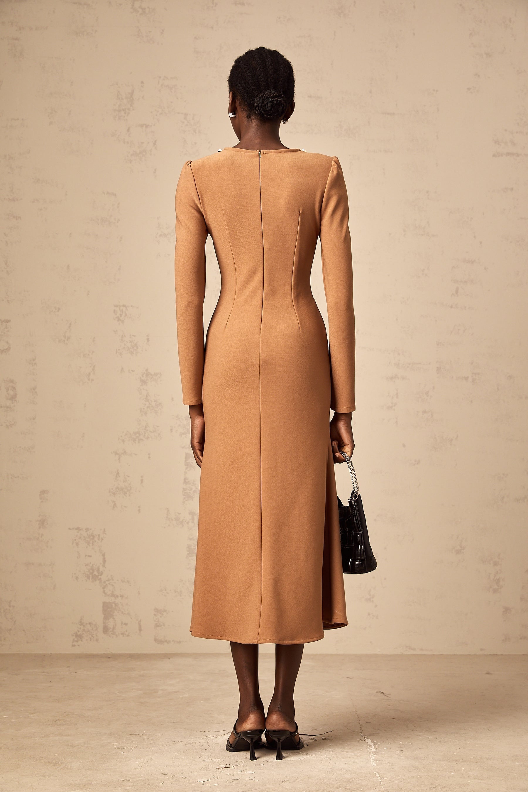 A khaki colored midi dress with sequin embellishments named Doriane