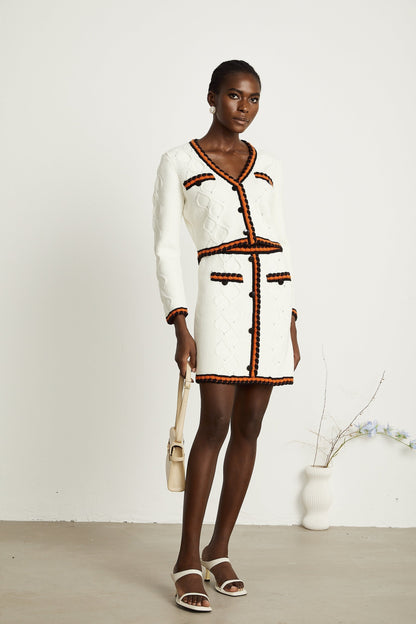 Cécilie contrasttrim knitted cardigan  skirt matching set