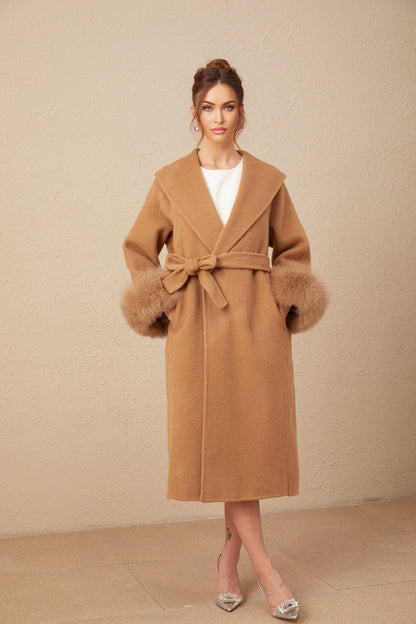 A brown felted wool wrap coat with a long silhouette and loose fit