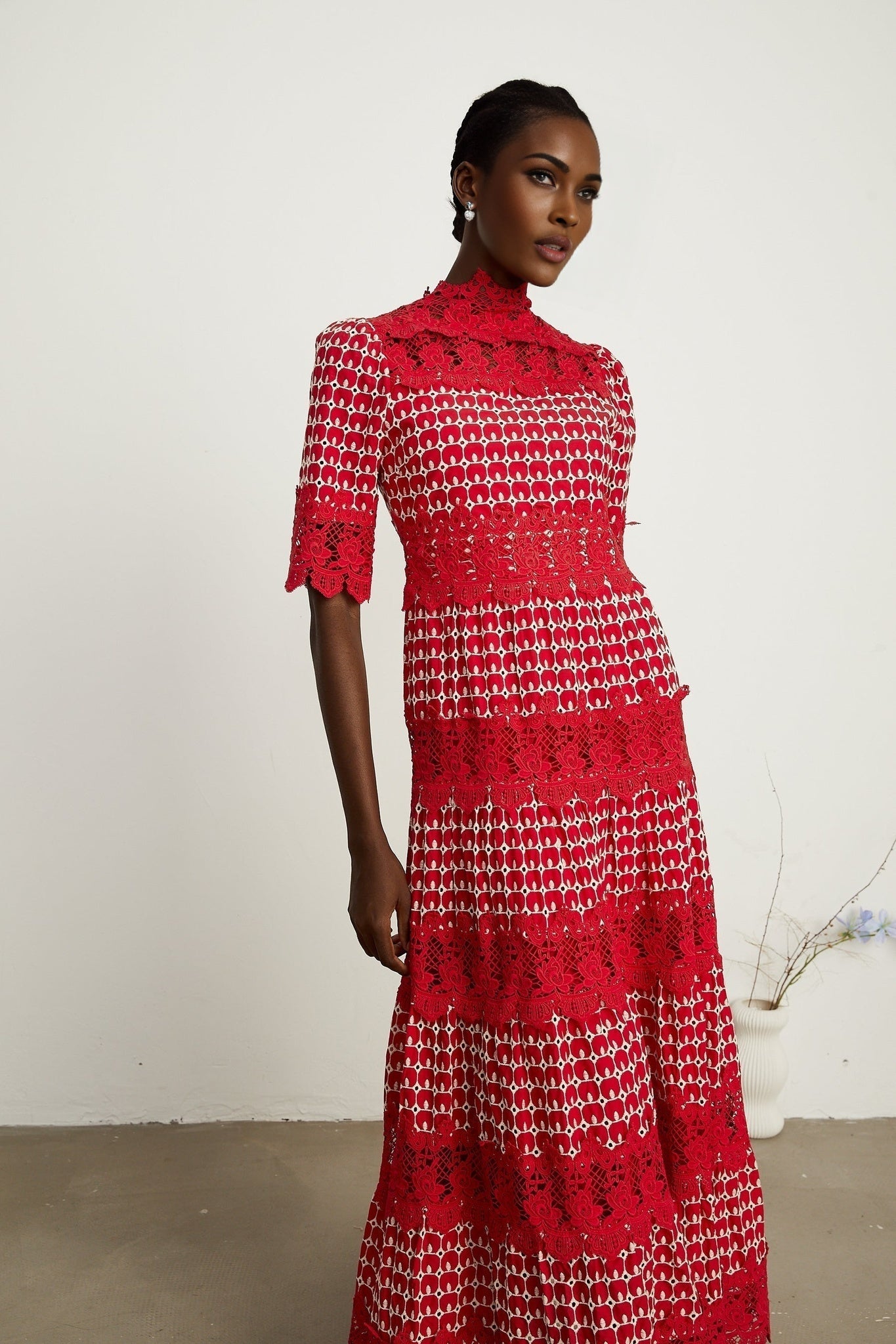 Chantal red scalloppattern lacepanel maxi dress