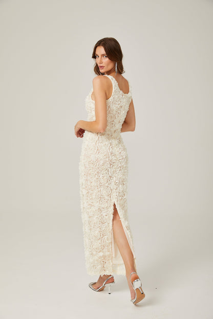 Sylvie fauxflower Vneck maxi dress in Neutrals