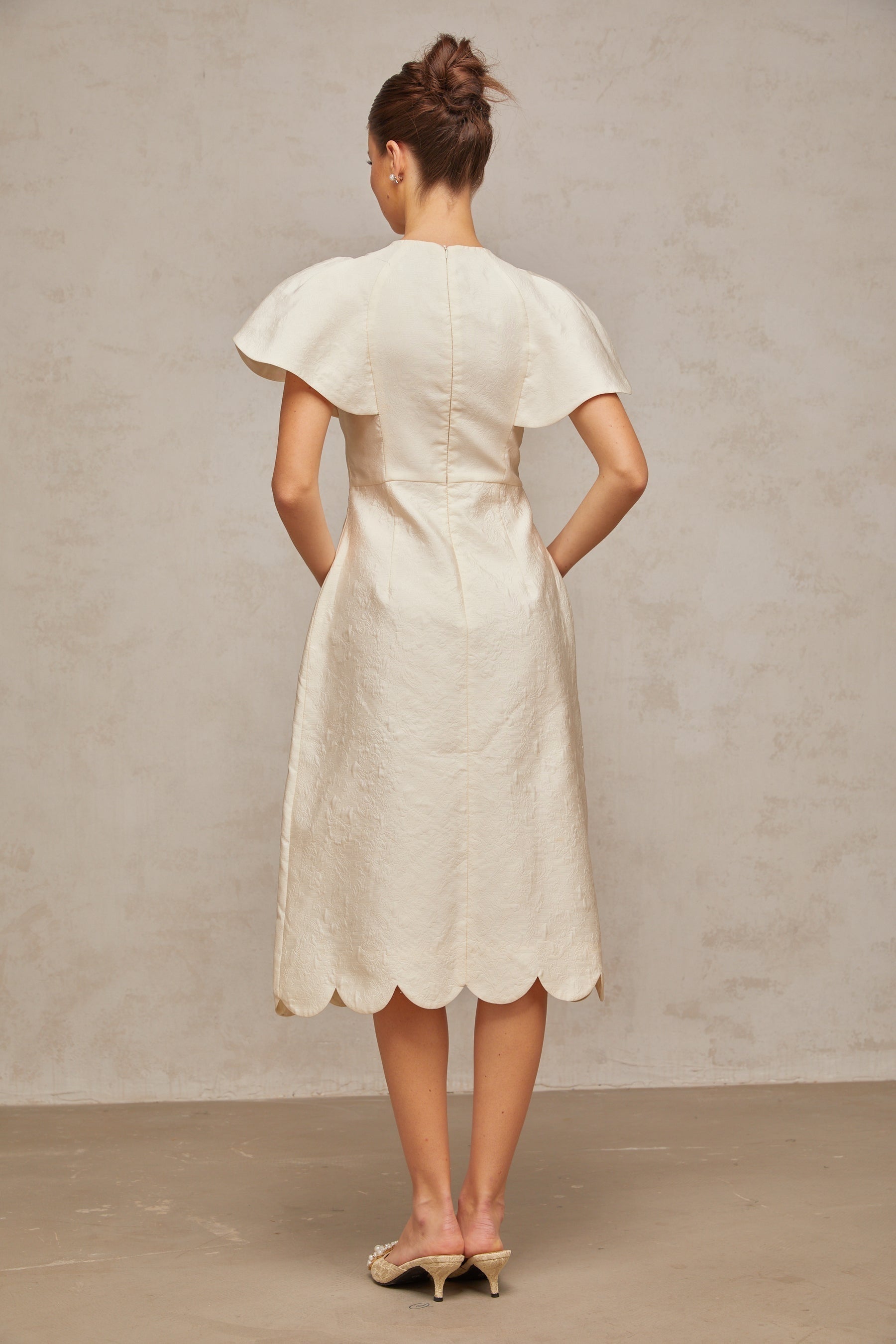 White floral midi dress with jacquard pattern named Segolene
