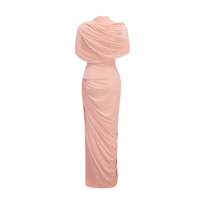 A pink asymmetric maxi dress with pleated details named Catherine