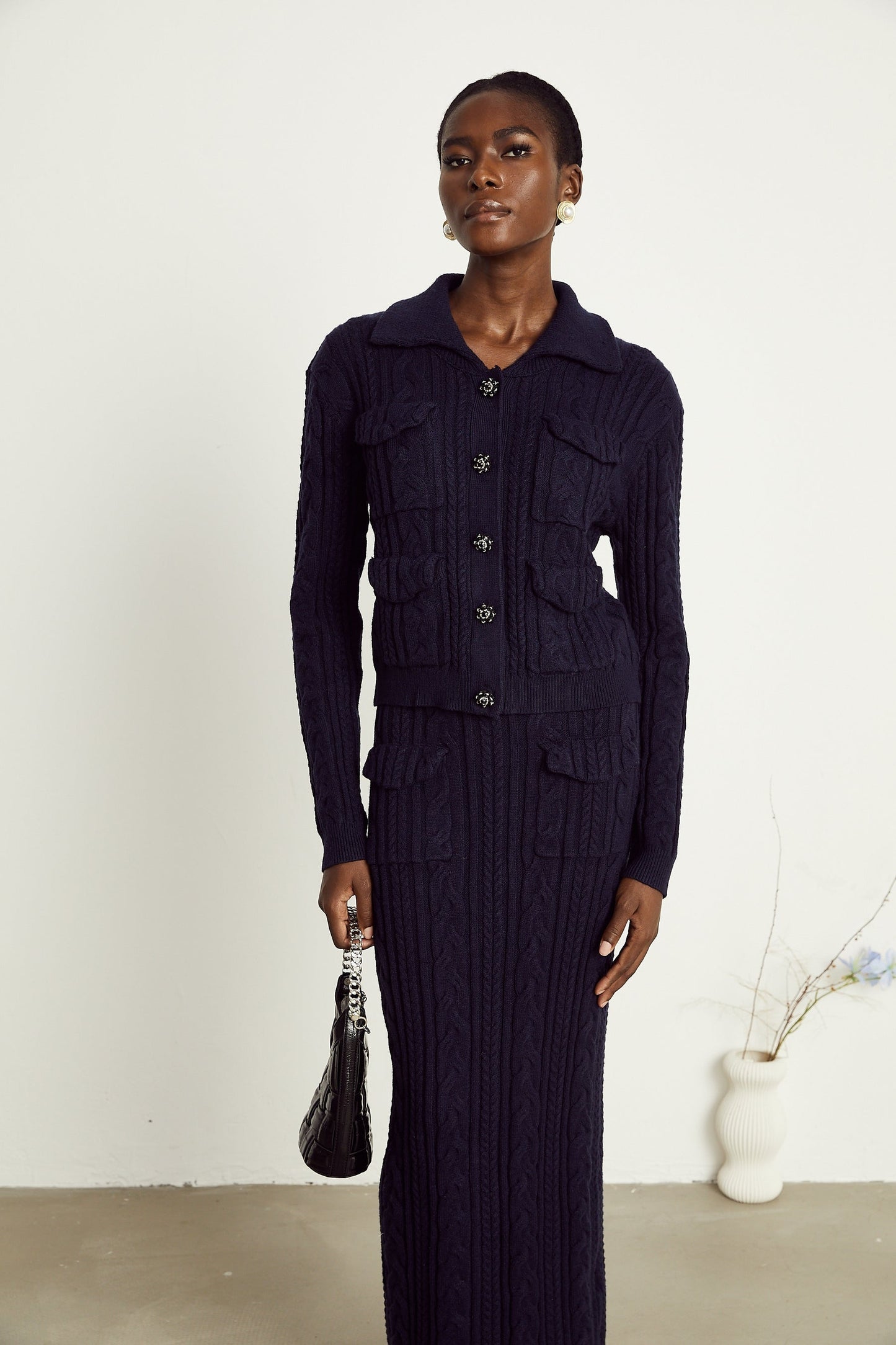 Capucine navyblue knit jacket  skirt matching set