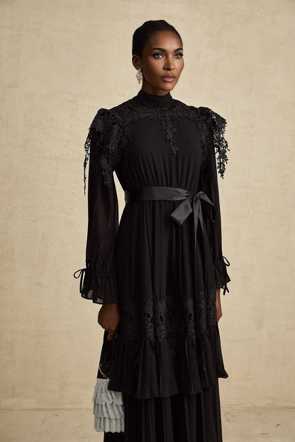 Lucie black guipurelace ruffled midi dress