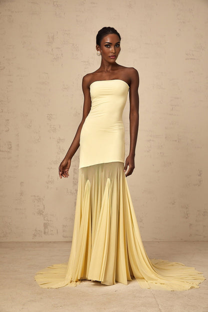 Woman wearing a yellow off shoulder maxi dress with sheer tulle fabric standing against a plain background